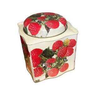 Vintage Dept 56 Decorative Tin Square Raspberry White cream With Red Berries.